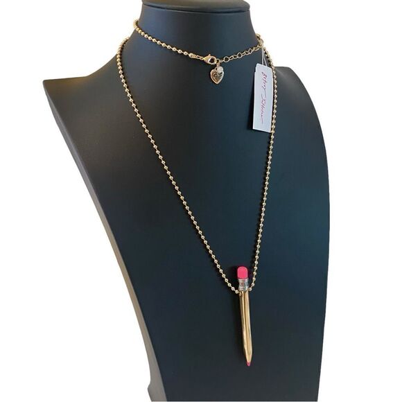 Betsey Johnson Gold Toned Pencil Necklace Complete with/ Hot Pink Eraser & Tip - Picture 2 of 6